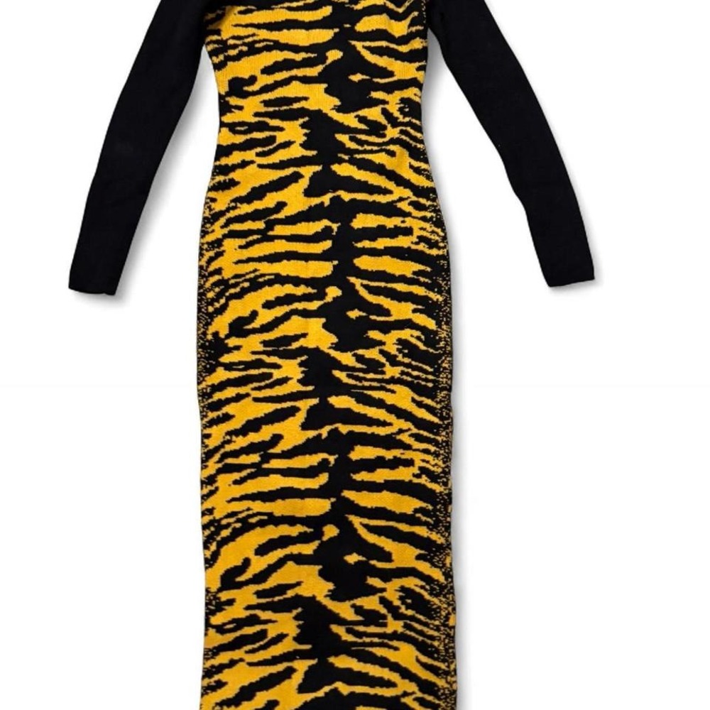 Yellow and‎ black tiger print maxi dress with off the shoulder design WOMEN  XS
